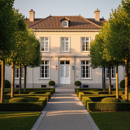 Statige jaren-20 villa in Voorschoten met witte kunststof kozijnen en een verzorgde voortuin met buxushagen