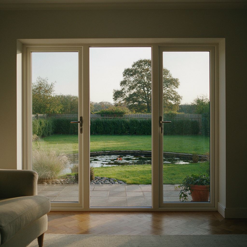 Panoramisch uitzicht door een witte kunststof schuifpui op een groene tuin in Warmond