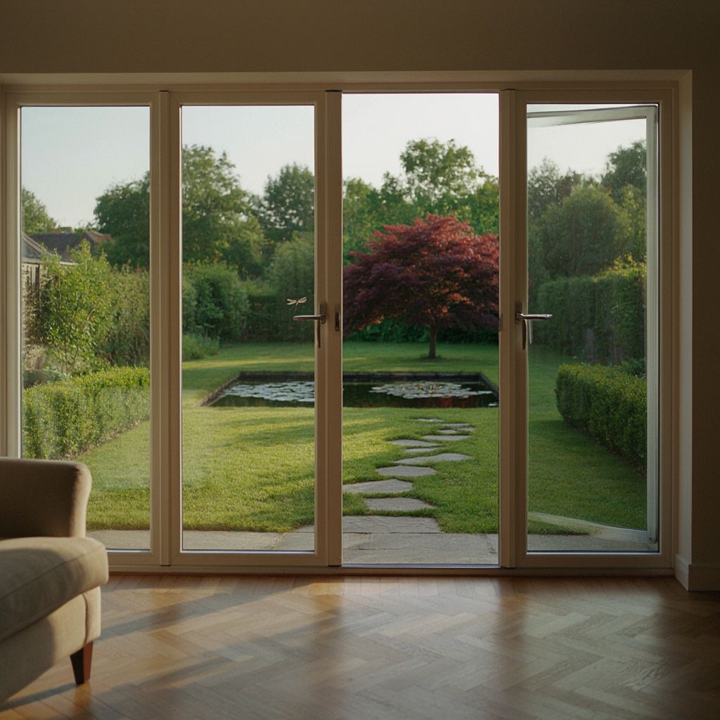 Lichte woonkamer met openslaande houtlook kunststof tuindeuren naar een Leiderdorpse groene binnentuin