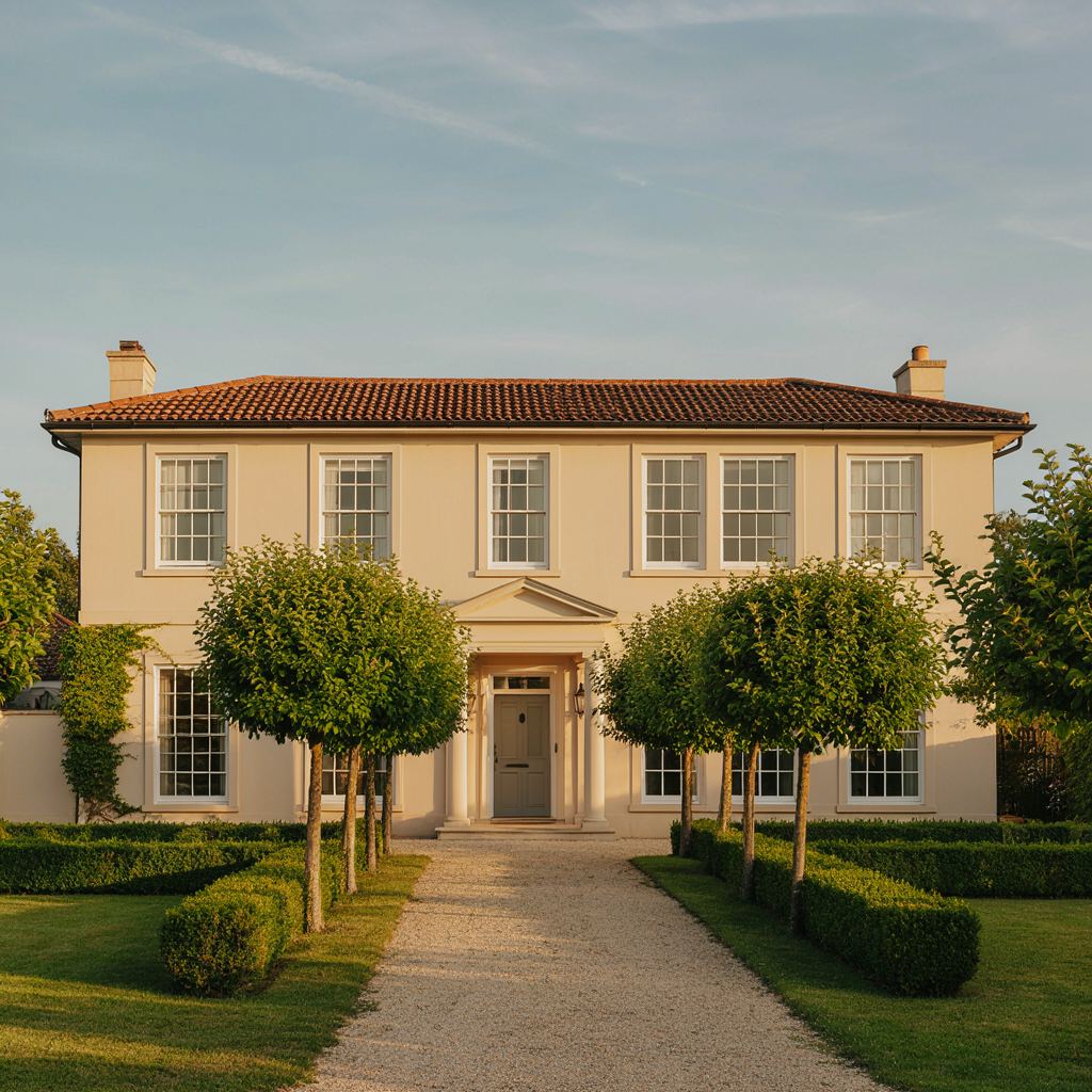 Statige jaren-20 villa in Voorschoten met witte kunststof kozijnen en een verzorgde voortuin met buxushagen