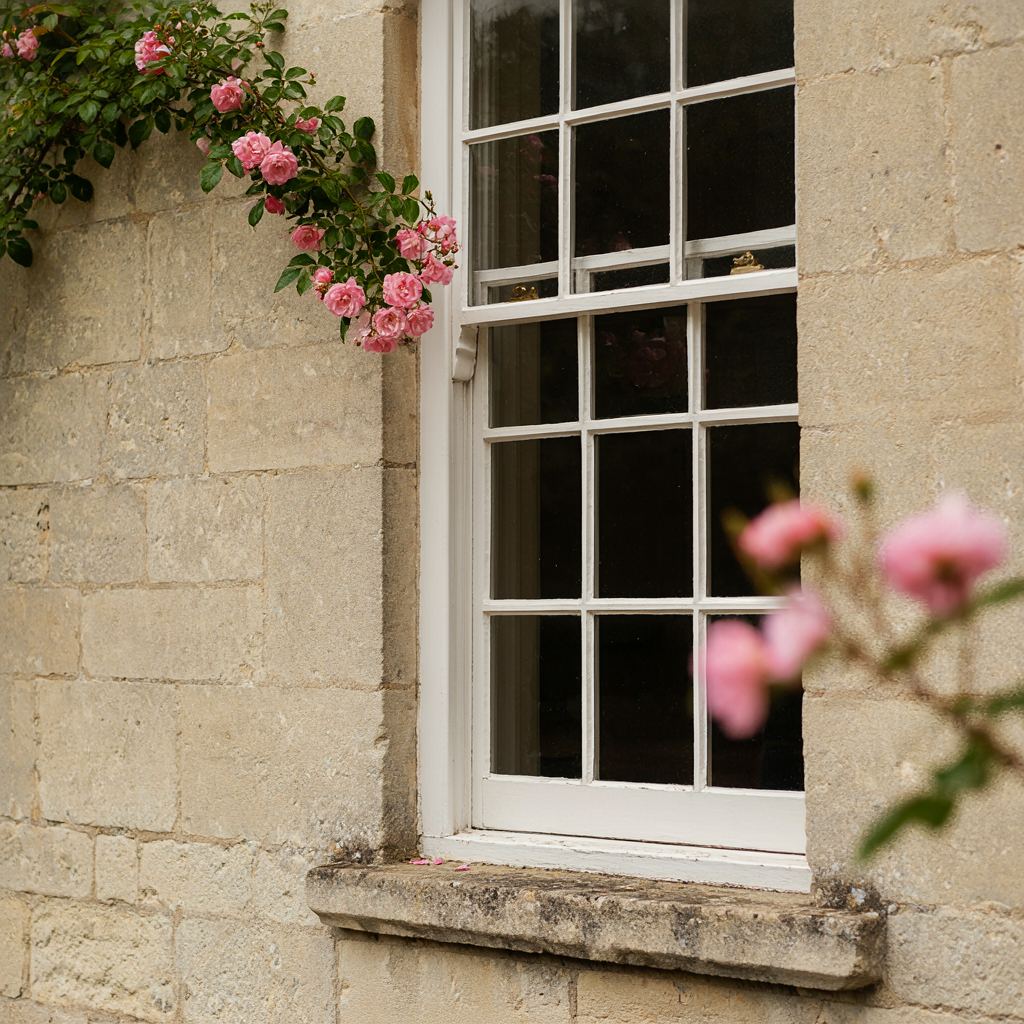 Modern wit kunststof kiepraam met smalle raamdorpel aan een schoon gemetselde gevel met jasmijn