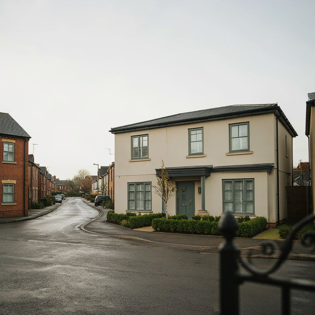Dorpse straat in Zoeterwoude-Rijndijk met rijtjeshuizen voorzien van moderne crèmekleurige kunststof kozijnen