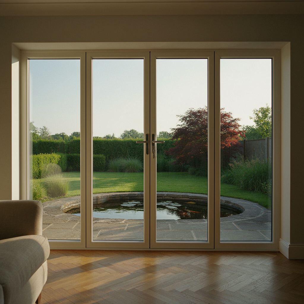 Uitzicht vanuit de woonkamer door een witte kunststof schuifpui op een verzorgde achtertuin met terras in Rijnsburg