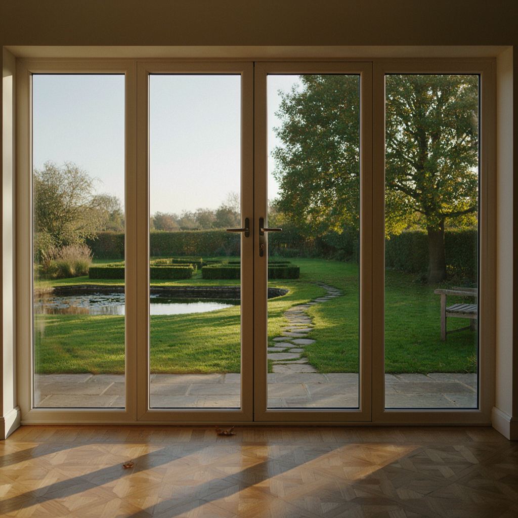 Doorkijk door witte kunststof schuifpui op strak aangelegde achtertuin met vijver in Voorhout