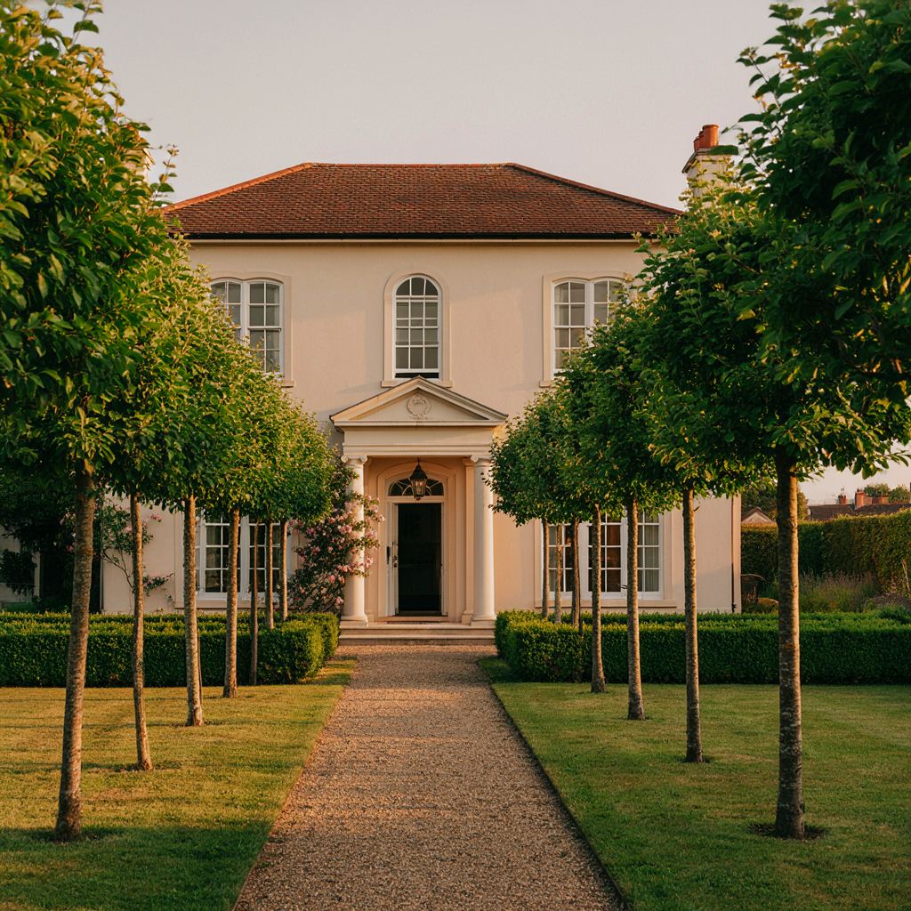 Statige jaren-20 villa in Voorschoten met witte kunststof kozijnen en een verzorgde voortuin met buxushagen