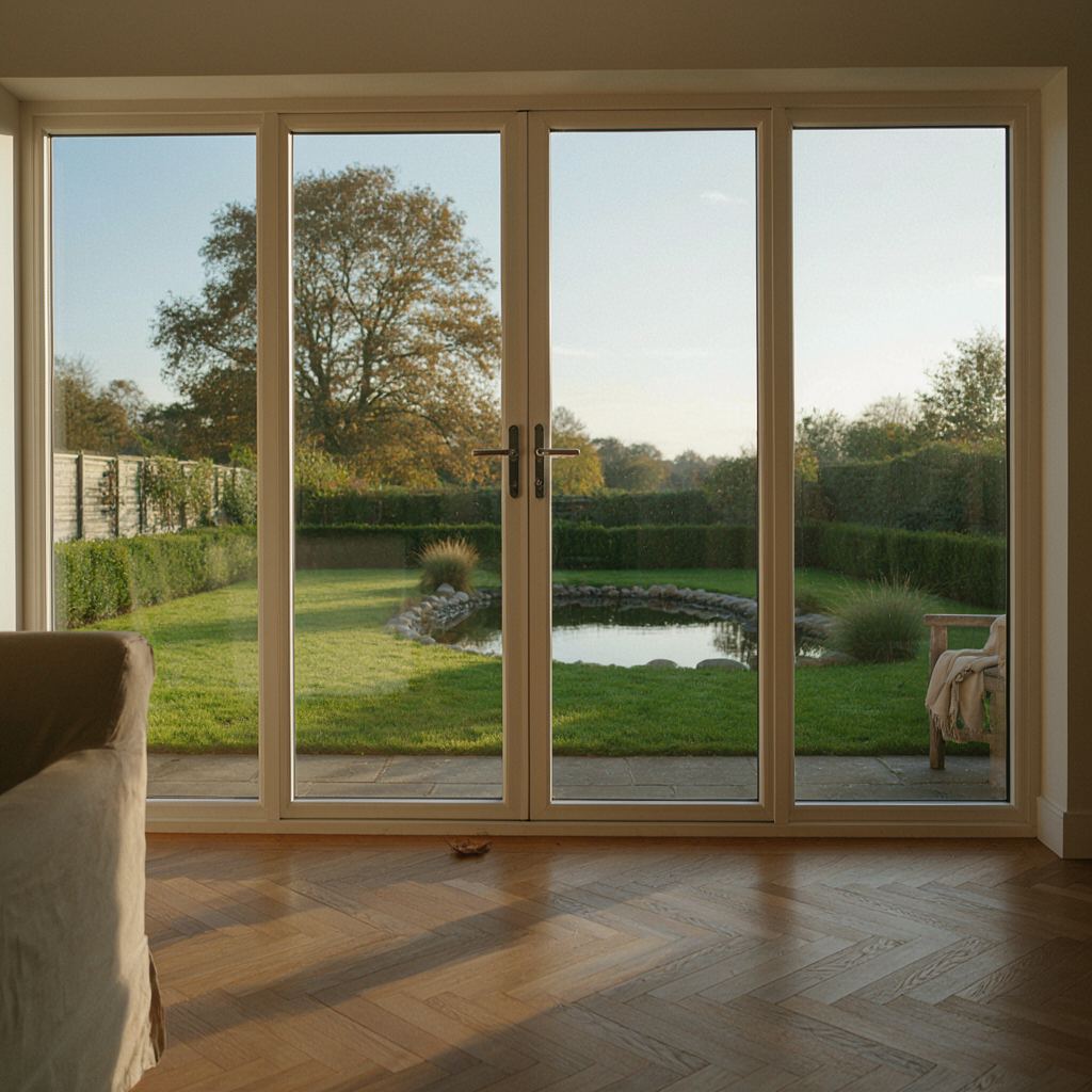 Uitzicht op een strak aangelegde tuin via een witte kunststof schuifpui in Sassenheim